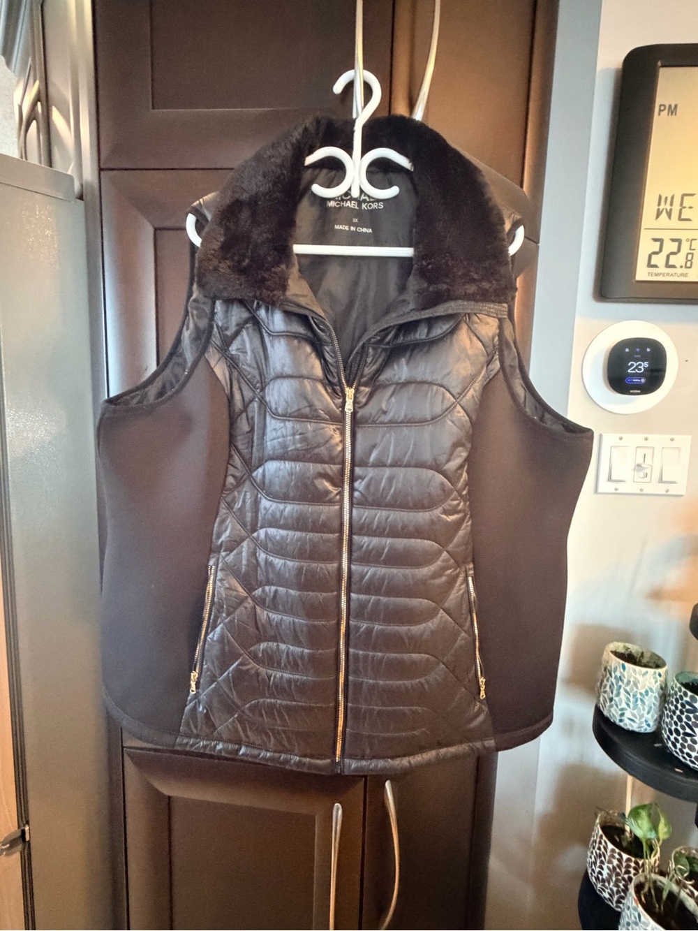 Michael Kors Black Quilted Vest with Faux Fur Collar